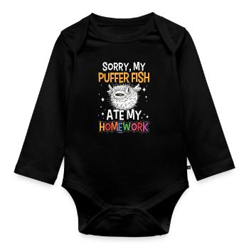 Pufferfish has eaten homework - Organic Longsleeve Baby Bodysuit - black - Front