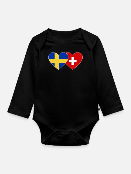 Schweden Schweiz Flagge Herz - Ekologisk långärmad babybody - svart