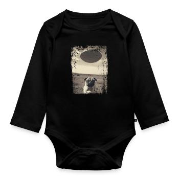 Lustiger Mops Hund mit UFO Retro Vintage Alien - Baby Bio-Langarm-Body - Schwarz - Vorne