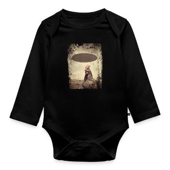 Lustiger Hahn und Huhn mit UFO Retro Vintage Alien - Baby Bio-Langarm-Body - Schwarz - Vorne