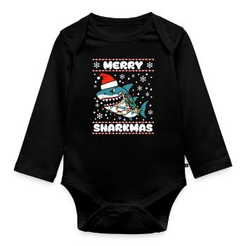 Merry Sharkmas Ugly Christmas Sweater Shark Ocean - Organic Longsleeve Baby Bodysuit - black - Front