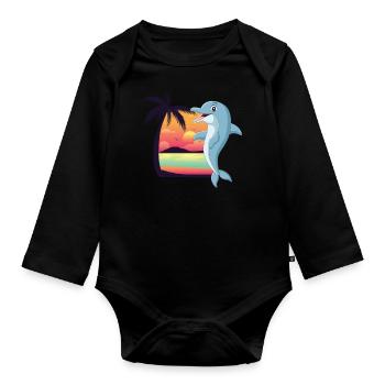 Dolphin Beach Palm Tree Sunset - Organic Longsleeve Baby Bodysuit - black - Front