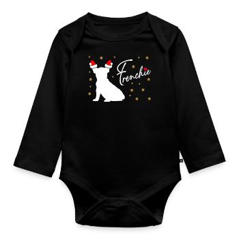 Frenchie mit Nikolausmütze und Weihnachtssternen - Baby Bio-Langarm-Body - Schwarz - Vorne