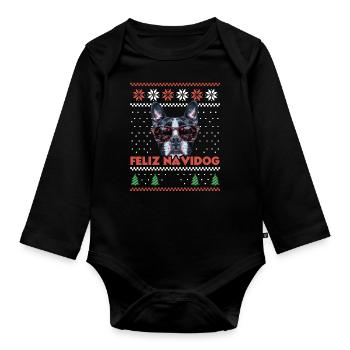 Boston Terrier Chien Feliz Navidog Noël moche - Body Bébé bio manches longues - noir - Devant