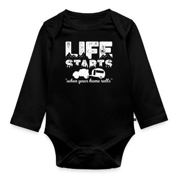 life starts when your home rolls - Organic Longsleeve Baby Bodysuit - black - Front