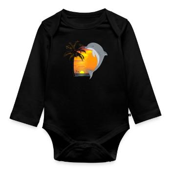 Dolphin Beach Palm Tree Sunset - Organic Longsleeve Baby Bodysuit - black - Front