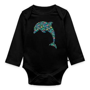 Dolphin Tropical Flower Floral - Organic Longsleeve Baby Bodysuit - black - Front