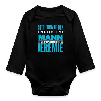 Jeremie Name Design - Baby Bio-Langarm-Body - Schwarz - Vorne