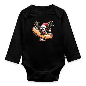 Hot dog reindeer with Christmas lights - Organic Longsleeve Baby Bodysuit - black - Front