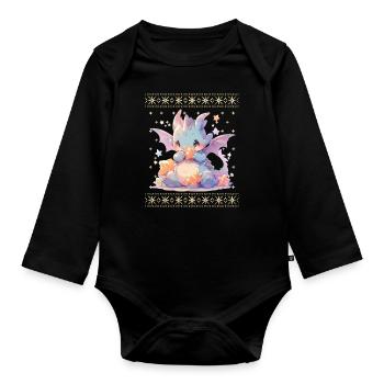 Kawaii Dragon in Ugly Christmas Sweater Style - Organic Longsleeve Baby Bodysuit - black - Front