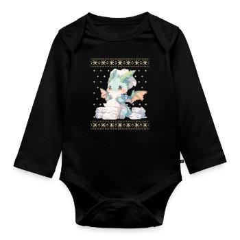 Kawaii Dragon in Ugly Christmas Sweater Style - Organic Longsleeve Baby Bodysuit - black - Front