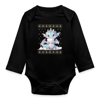 Kawaii Dragon in Ugly Christmas Sweater Style - Organic Longsleeve Baby Bodysuit - black - Front