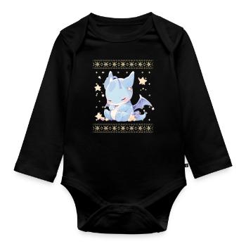 Kawaii Dragon in Ugly Christmas Sweater Style - Organic Longsleeve Baby Bodysuit - black - Front