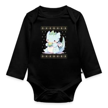Kawaii Dragon in Ugly Christmas Sweater Style - Organic Longsleeve Baby Bodysuit - black - Front