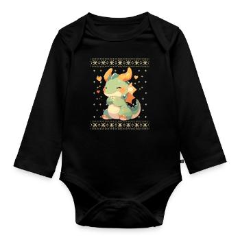 Kawaii Dragon in Ugly Christmas Sweater Style - Organic Longsleeve Baby Bodysuit - black - Front