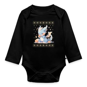 Kawaii Dragon in Ugly Christmas Sweater Style - Organic Longsleeve Baby Bodysuit - black - Front
