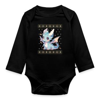 Kawaii Dragon in Ugly Christmas Sweater Style - Organic Longsleeve Baby Bodysuit - black - Front
