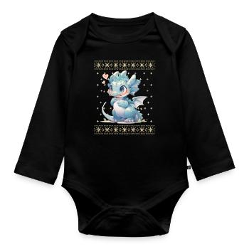 Kawaii Dragon in Ugly Christmas Sweater Style - Organic Longsleeve Baby Bodysuit - black - Front