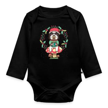Sheepadoodle Dog on Mushroom Christmas Wreath - Organic Longsleeve Baby Bodysuit - black - Front