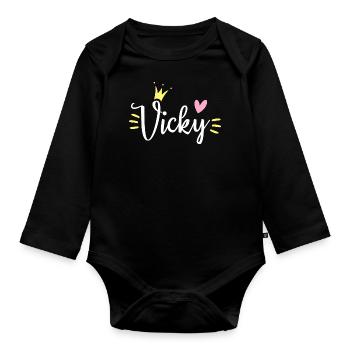 Vicky Name Krone - Baby Bio-Langarm-Body - Schwarz - Vorne