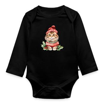Katze im Weihnachtslook - Baby Bio-Langarm-Body - Schwarz - Vorne