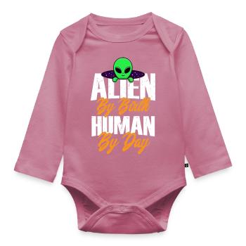 Alien by Birth, Humain de jour, Humour, Fun, Spaß, - Body Bébé bio manches longues - mauve - Devant