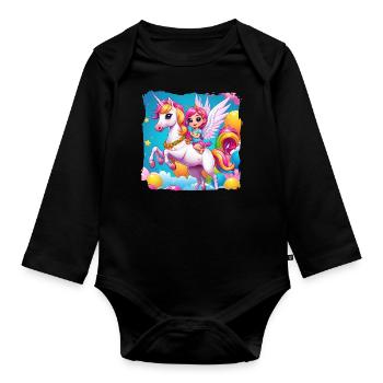 Einhorn mit Mädchen - Baby Bio-Langarm-Body - Schwarz - Vorne