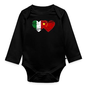 Italy China Flag Heart Used - Organic Longsleeve Baby Bodysuit - black - Front