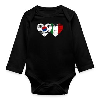 South Korea Italy Flag Heart Used - Organic Longsleeve Baby Bodysuit - black - Front