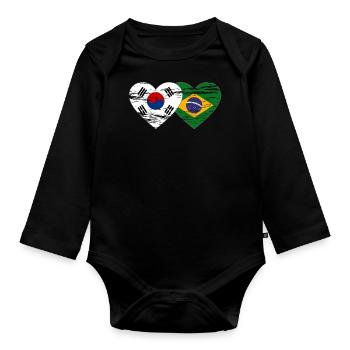 South Korea Brazil Flag Heart Used - Organic Longsleeve Baby Bodysuit - black - Front