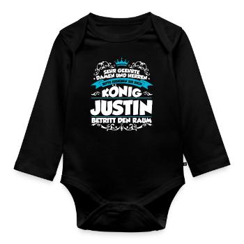 Justin Name Design - Baby Bio-Langarm-Body - Schwarz - Vorne