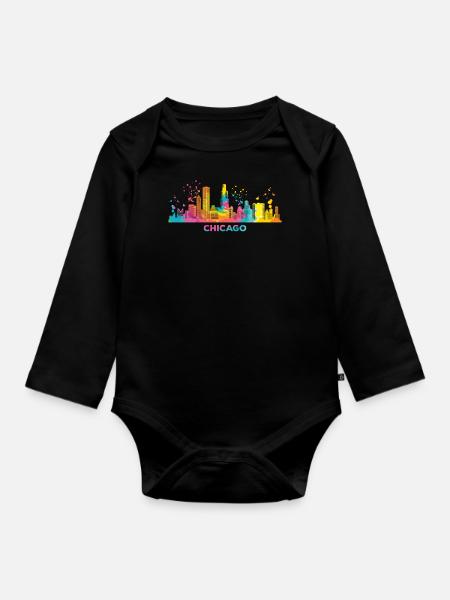 Chicagoan Aquarell Skyline Chicago - Baby Bio-Langarm-Body - Schwarz