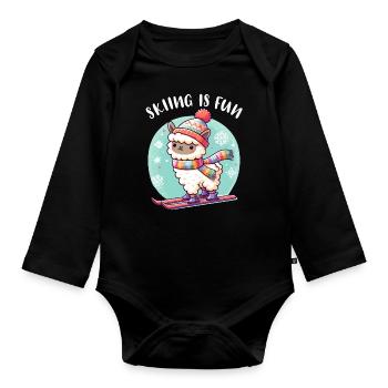 Niedliches Lama mit Strickmütze fährt Ski lustig - Baby Bio-Langarm-Body - Schwarz - Vorne