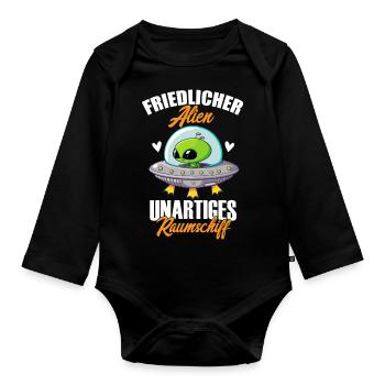 Friedlicher Alien Unartiges Raumschiff, Humor, Fun - Baby Bio-Langarm-Body - Schwarz - Vorne