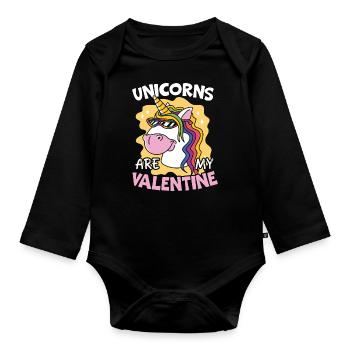 Valentine's Day Gift February 14 Cute Unicorn - Organic Longsleeve Baby Bodysuit - black - Front