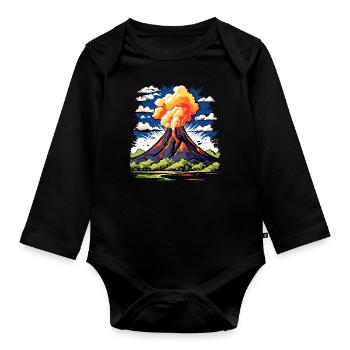 active volcano with ash cloud and lava flows - Organic Longsleeve Baby Bodysuit - black - Front