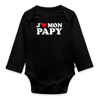 J'aime Mon Papy Cadeau Grand-père Coeur Rouge - Body Bébé bio manches longues - noir - Devant