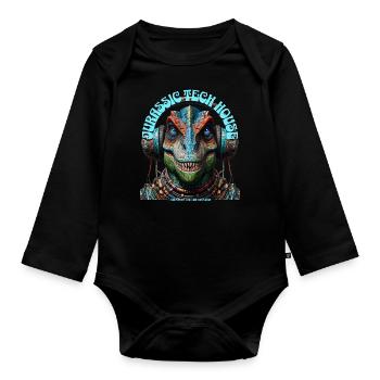 MESOZOIC TECH HOUSE – Cool T-REX with Headphones! - Organic Longsleeve Baby Bodysuit - black - Front