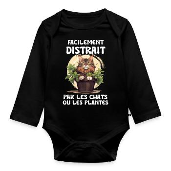 facilement distrait par les chats et les plantes - Body Bébé bio manches longues - noir - Devant