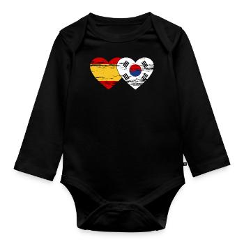 Spain, South Korea, flag, heart used - Organic Longsleeve Baby Bodysuit - black - Front
