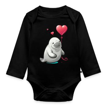 Manatee with heart - Organic Longsleeve Baby Bodysuit - black - Front