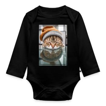 Cute sleeping kitty - Organic Longsleeve Baby Bodysuit - black - Front