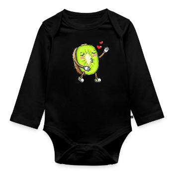 Kiwi Fruit Kawaii Emoticon - Organic Longsleeve Baby Bodysuit - black - Front