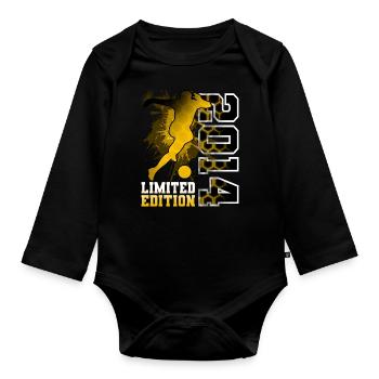 2014 Year of Birth Birthday Football - Organic Longsleeve Baby Bodysuit - black - Front