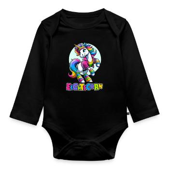 80s Achtziger Einhorn Eighticorn - Baby Bio-Langarm-Body - Schwarz - Vorne