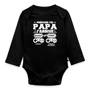 Prépare Toi Papa J'arrive - Annonce Grossesse - Body Bébé bio manches longues - noir - Devant