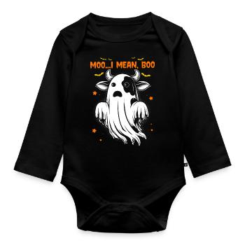 Ghost Cow Moo I Mean Boo Pumpkin Moon Halloween - Organic Longsleeve Baby Bodysuit - black - Front