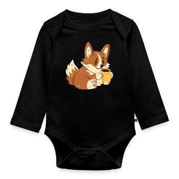 Corgi buvant du café - Body Bébé bio manches longues - noir - Devant