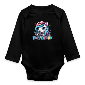 Fotograf Fotografie Kamera Einhorn Photocorn - Baby Bio-Langarm-Body - Schwarz - Vorne