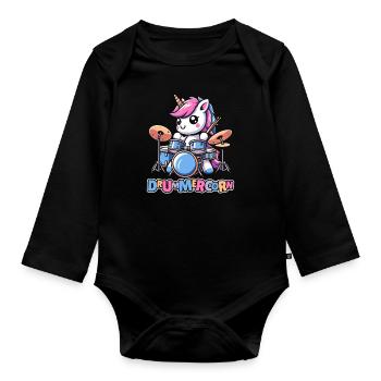 Schlagzeug Drummer Schlagzeuger Einhorn - Baby Bio-Langarm-Body - Schwarz - Vorne
